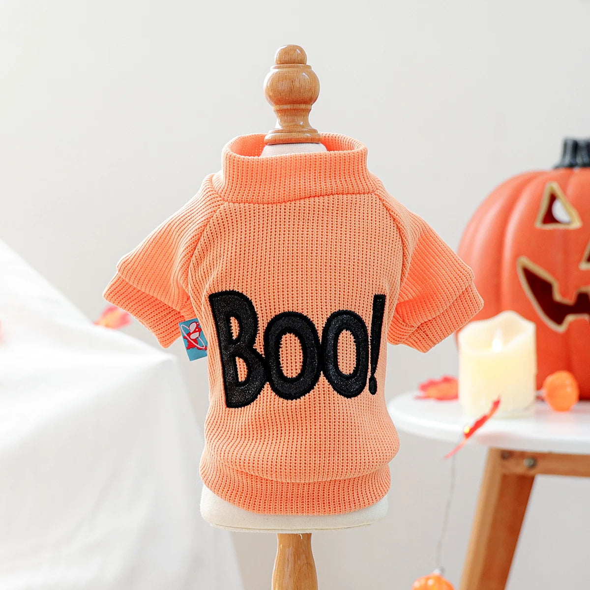 1PC Halloween Crew Neck Orange Pet Clothes Dog Crew Neck Pullover Sweater "BOO!" Cute Fun Party Trick or Treat