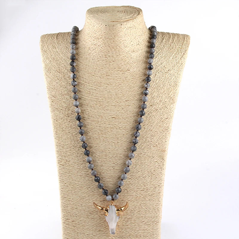Fashion Bohemian Jewelry Sem Stone Knotted Horn Pendant Necklace For Women Boho Ethnic Necklace Gift