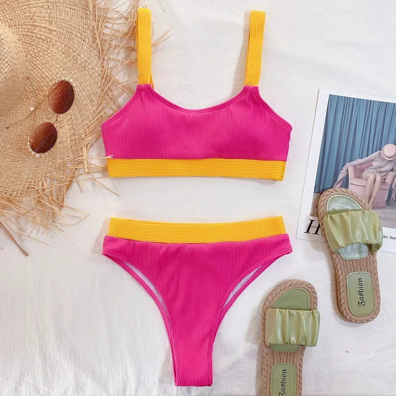 Sexy Splicing Ribbed Bikinis High Waist Bikini 2025 Female Swimsuit Women Swimwear Two-pieces Bikini Set Bathing Suit Swim Lady