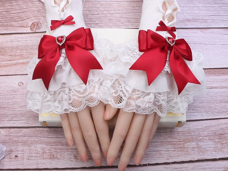 Handmade Sweet Women's Lolita Mine Lace Bow Rhinestone Oversleeves Girls Japanese Style Lace Sleeves Mittens