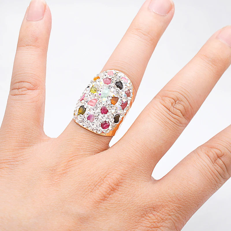 Irregular Rainbow Tourmaline Open Ring for Women Girls Micro Inlay Gold-color Chip Stones Party Wedding Anniversary Gift Jewelry