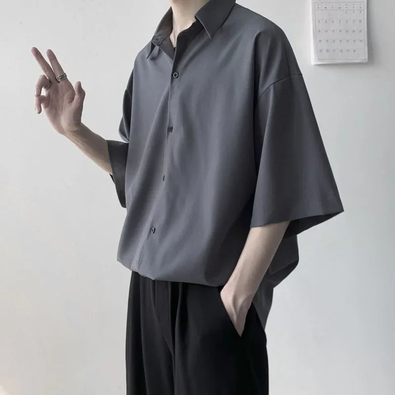 Clothes Short Sleeve Black Male Top Plain Men's Shirt And Blouse With Collar Korean Style Xxl Luxury Summer Original Silk Luxury
