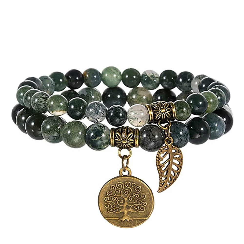 Natural Semi Precious Gemstone Beads Bracelet for Women Life Tree and Leaf Charm Energy Reiki Crystal Stretch Bracelets Jewelry