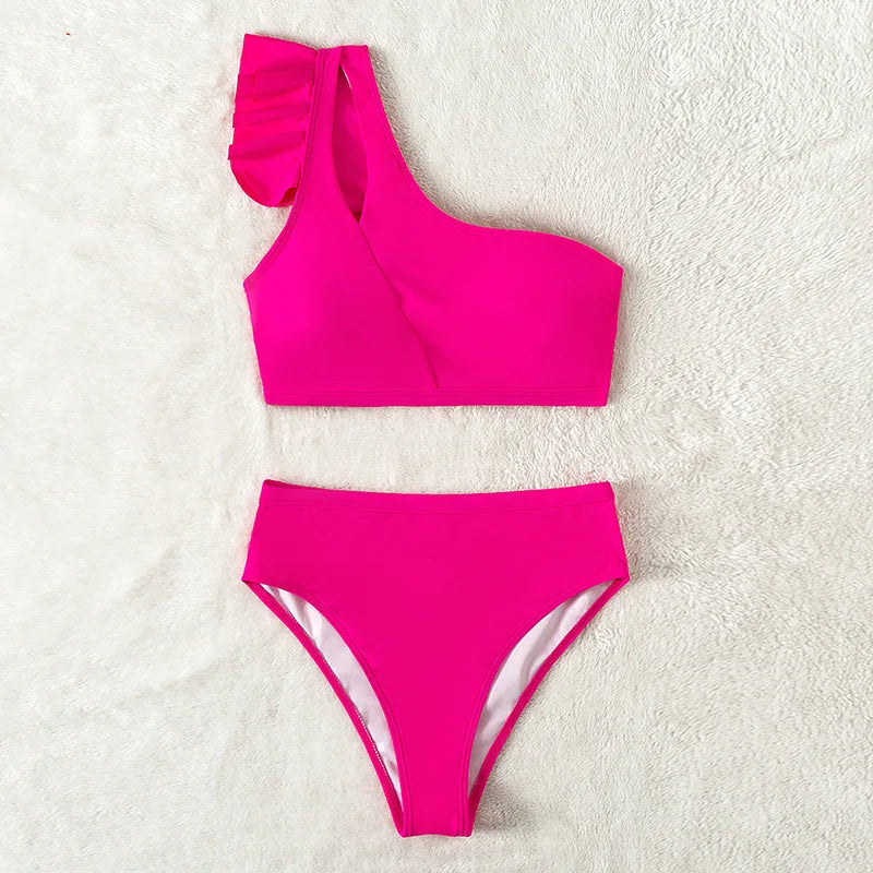 One Shoulder Bikinis 2025 Women Ruffle Swimsuit Solid High Waist Swimwear Female Padded Bathers Bathing Swimming Suit Beachwear