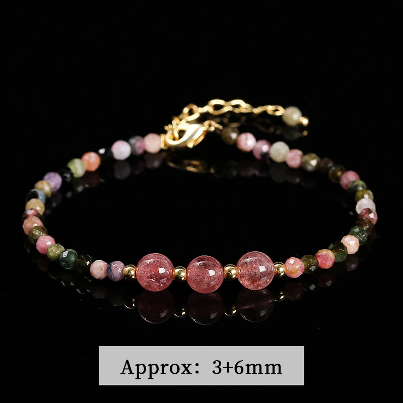 JD Natural Stone Faceted Rainbow Tourmaline Strawberry Quartz Bracelet Women Luxury Thin Adjustable Reiki Healing String Jewelry