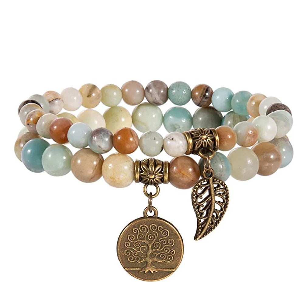 Natural Semi Precious Gemstone Beads Bracelet for Women Life Tree and Leaf Charm Energy Reiki Crystal Stretch Bracelets Jewelry