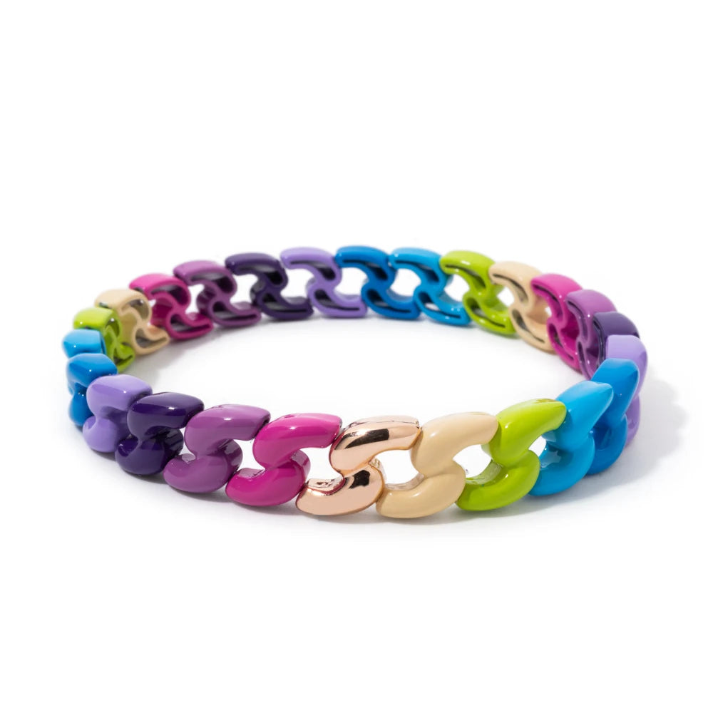 Rainbow Color Link Chain Shape Enamel Bracelets For Women Boho Beaded Bangle Accessory
