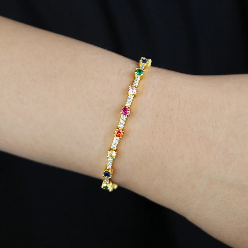 Gold Color Colorful Fashion Women Jewelry Rainbow Blue Red Green CZ Bar Geometric Charm Link Chain Bracelet