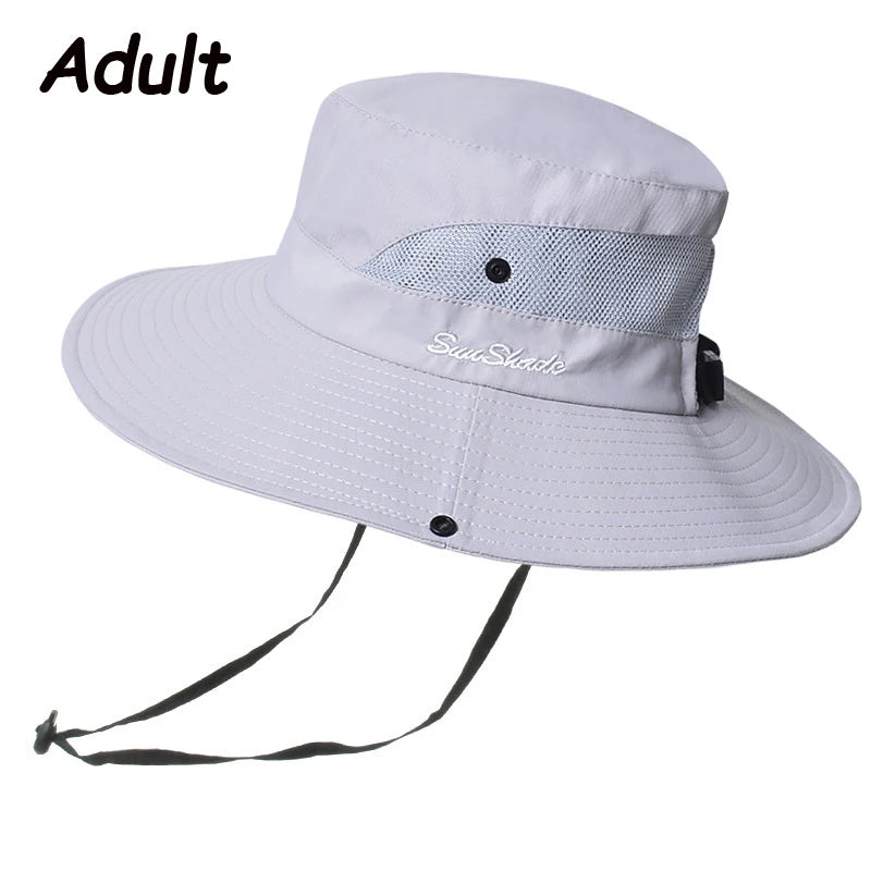 Women Summer Adjustable Bucket Hat with a Ponytail Hole Girls Sun Protection Hiking Cap Parent-child Outdoor Wide Brim Headgear