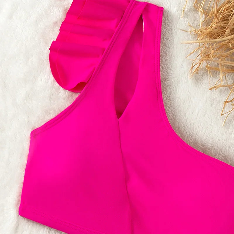 One Shoulder Bikinis 2025 Women Ruffle Swimsuit Solid High Waist Swimwear Female Padded Bathers Bathing Swimming Suit Beachwear