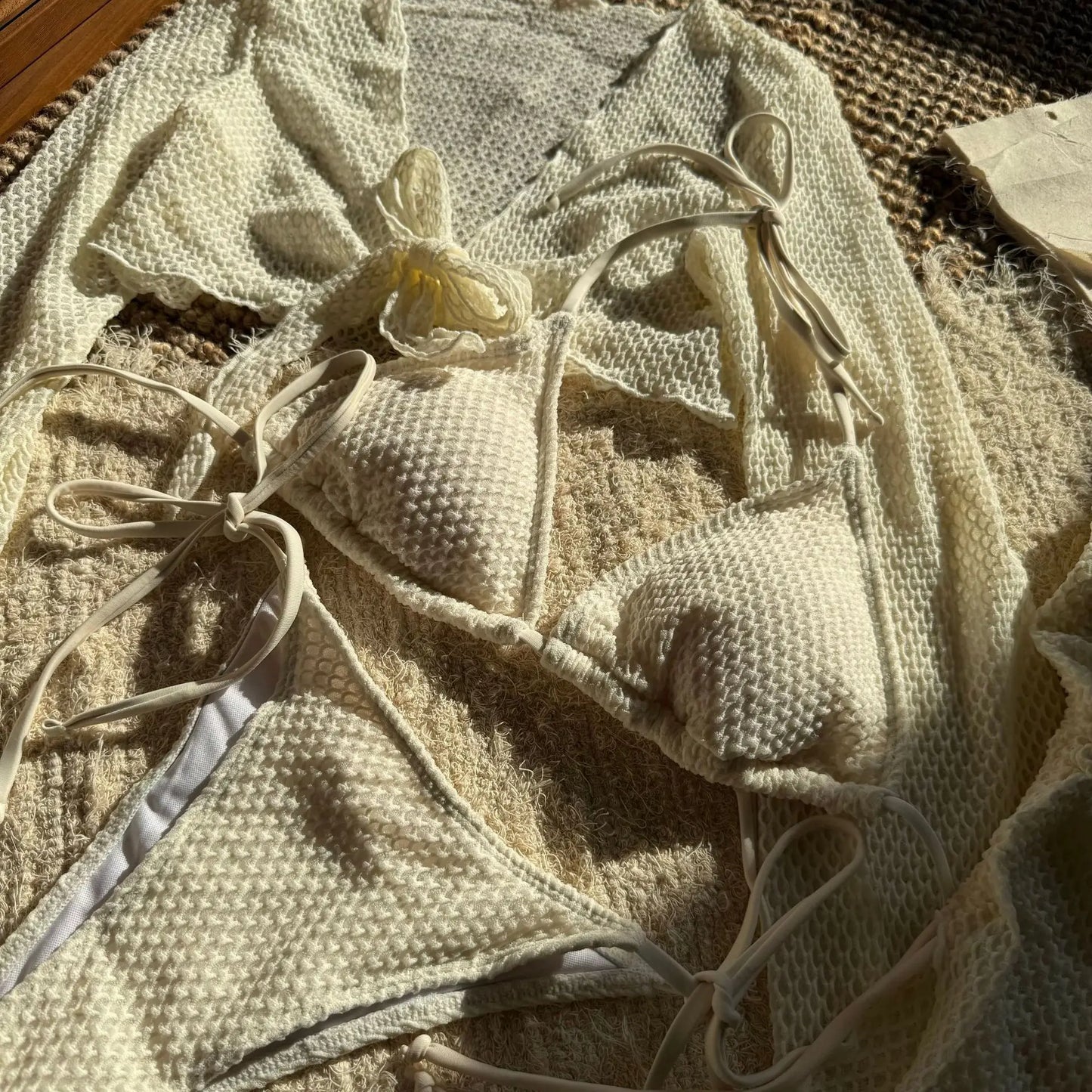 Summer Holiday 4 Piece Bikini Set 2025 Women Sexy White Long Sleeve Cover Up and Skirt Swimsuit Beach Bathing Suit Pool Swimwear