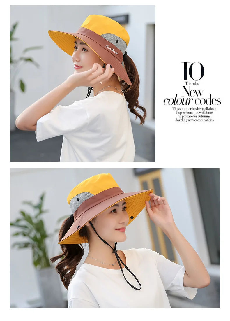 Women Summer Adjustable Bucket Hat with a Ponytail Hole Girls Sun Protection Hiking Cap Parent-child Outdoor Wide Brim Headgear