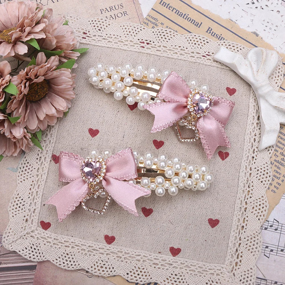 Cute Sweet Japanese Lolita Barrettes Hairpin Mine Pearl Bow Rhinestone Love Heart A Pair Of Hairclips Side Clip Hair Accessories