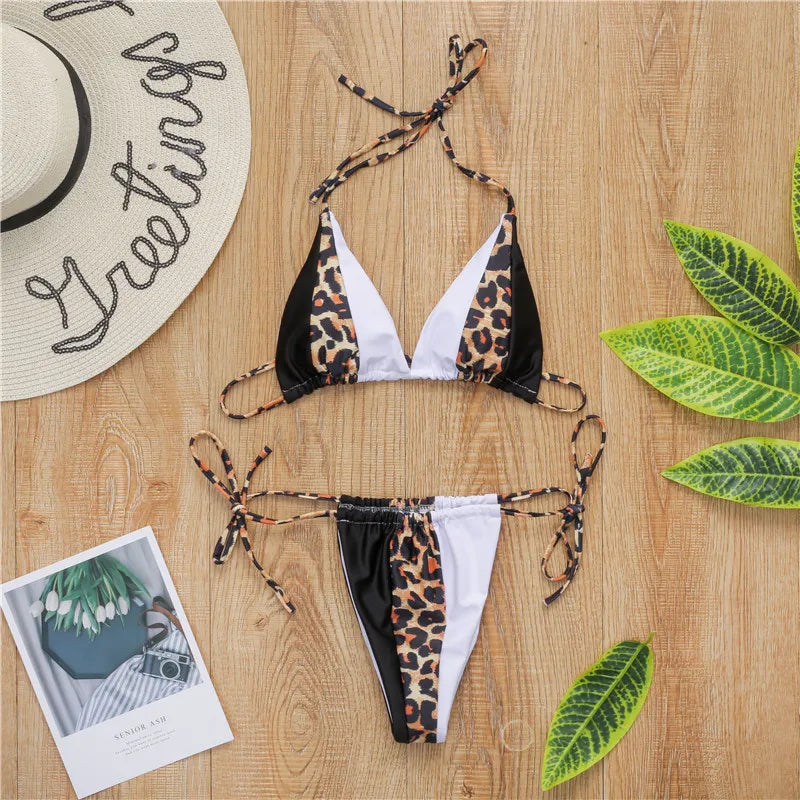 Bikini 2025 Sexy Women 3 Colour Patchwork Leopard Swimwear Swimsuit Halter Female Beach Bikinis Set Bathing Suit Banadores Mujer