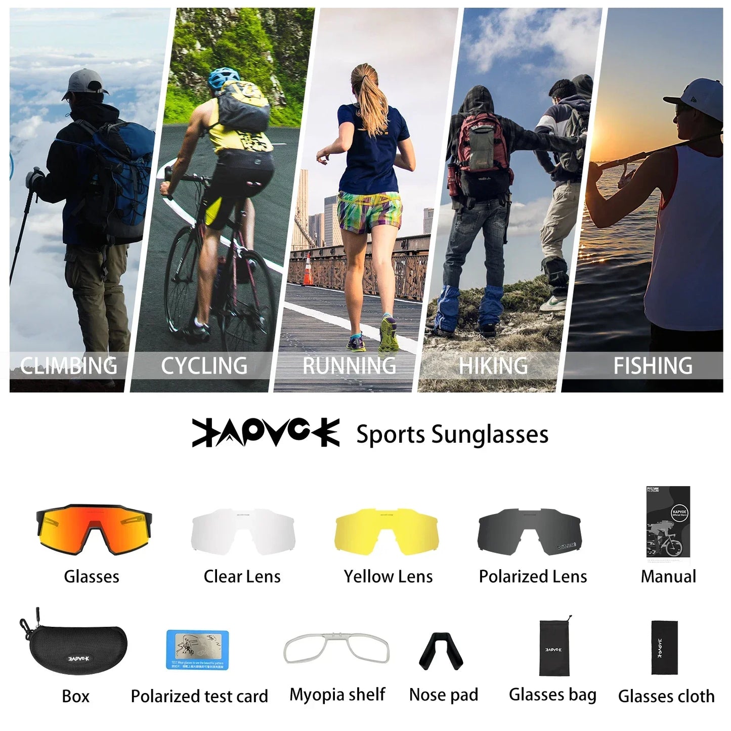 Kapvoe Outdoor Men Sunglasses UV400 Fishing Ski Goggles Road Bike Mask Goggles Women Anti-Fog Windproof Glasses Bicycle Eyewear