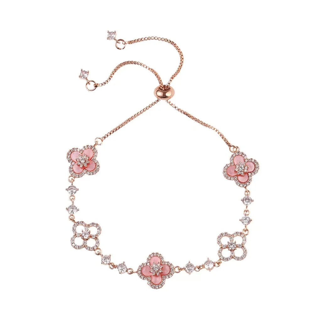 Qimeng Sweet Cherry" Vintage Pink Mother-of-Pearl Four-Leaf Clover Bracelet with Micro-Zirconia Inlay and Cutout Design
