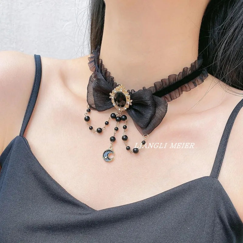 Retro Black Lace Choker Handmade Women's Necklace Black Beaded  Pendant for Cool Lady Trendy Dark Girly Fashion Accessories