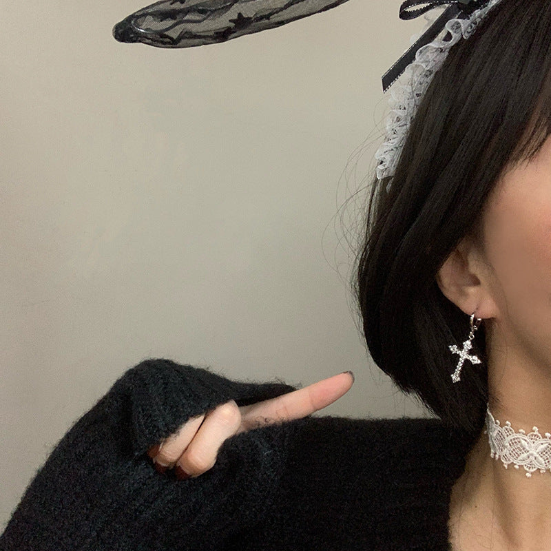 New Trendy Punk Zircon Crystal Cross Earring for Women Men Goth Hip Hop Piercing Black Hoop Earrings Fashion Party Jewelry Gifts