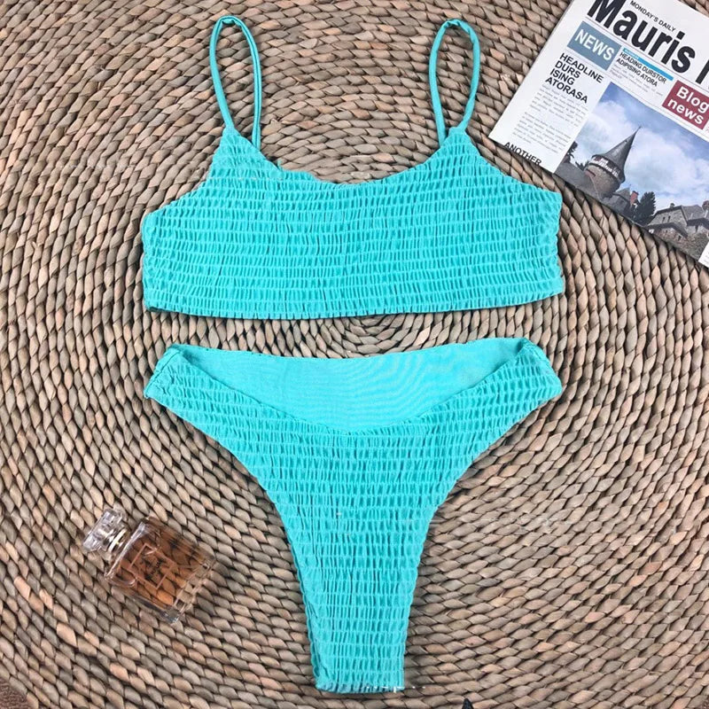 Sexy Triangle Bathing Suit for Women Vintage Pleated Suspender Push Up Bikini Summer 2025 New Simple Solid Swimwear Bikinis Sets