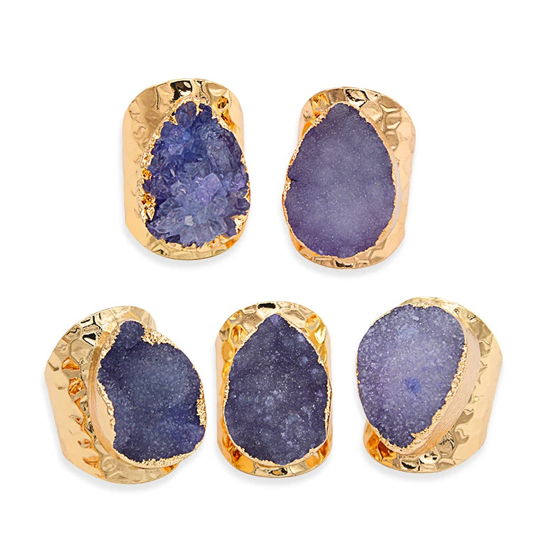Elegant Crystal  Irregular Raw Druzy Stone Ring Gold Plated Boho Wide Open Finger Jewelry for Women Men Party Wedding