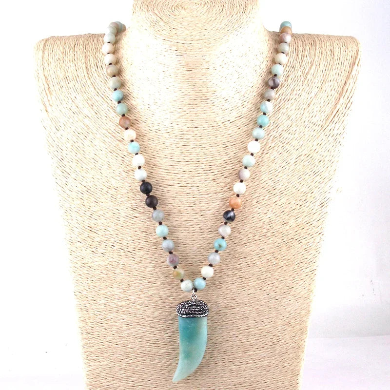 Fashion Bohemian Tribal Jewelry Amazonite Stones Long Knotted Stone Pendant Necklaces Women Ethnic Necklace