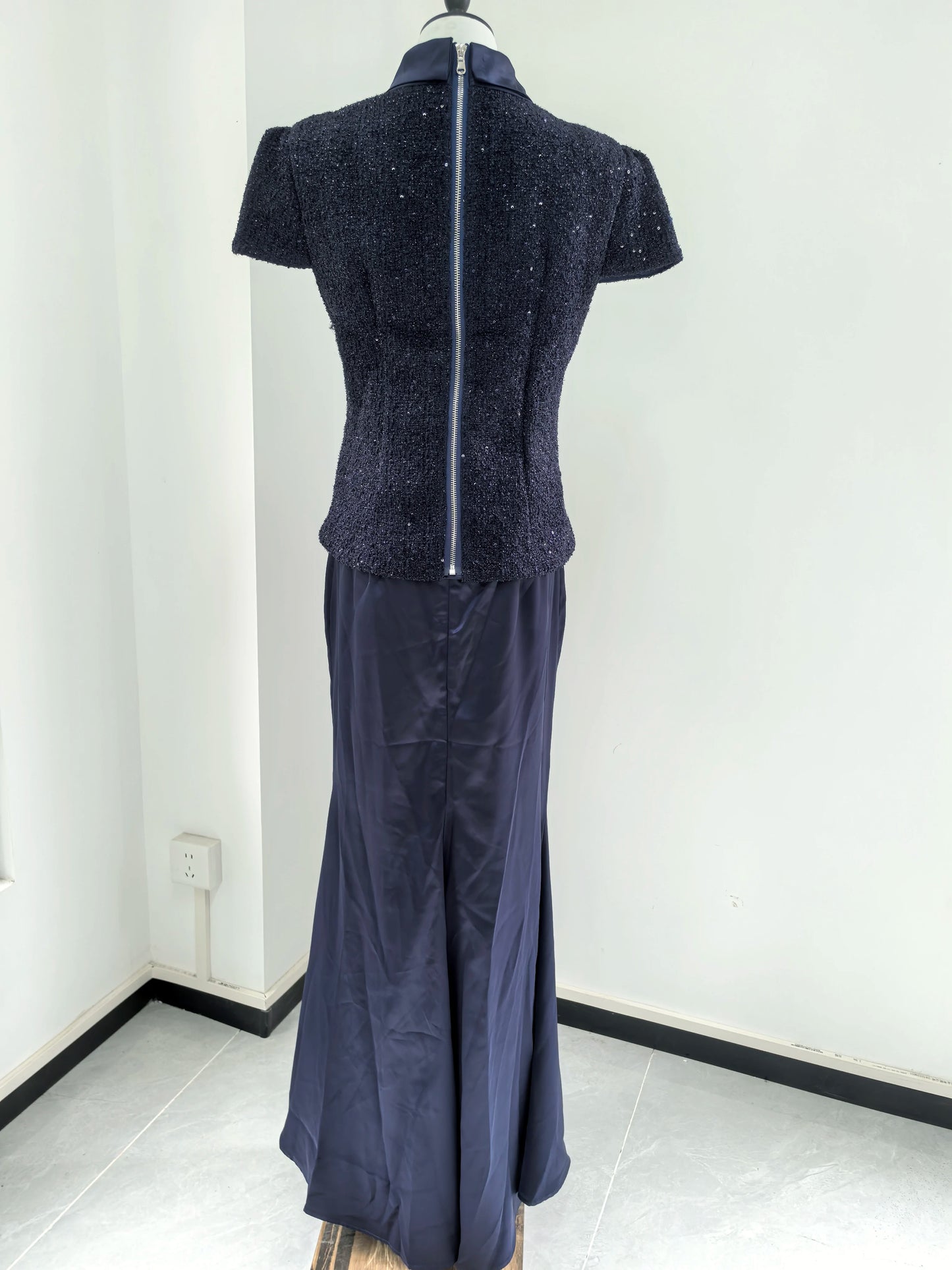 Maxi Formal Luxury Evening Dresses Women Summer Autumn Single Breasted Crystal Satin Tweed Long Dress Blue Party Dinner Vestidos