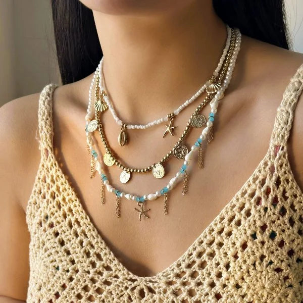 Boho Shell Turquoise Multi-layer Starfish Beaded Necklace for Women Beach Holiday Jewelry Minimalist Accessories