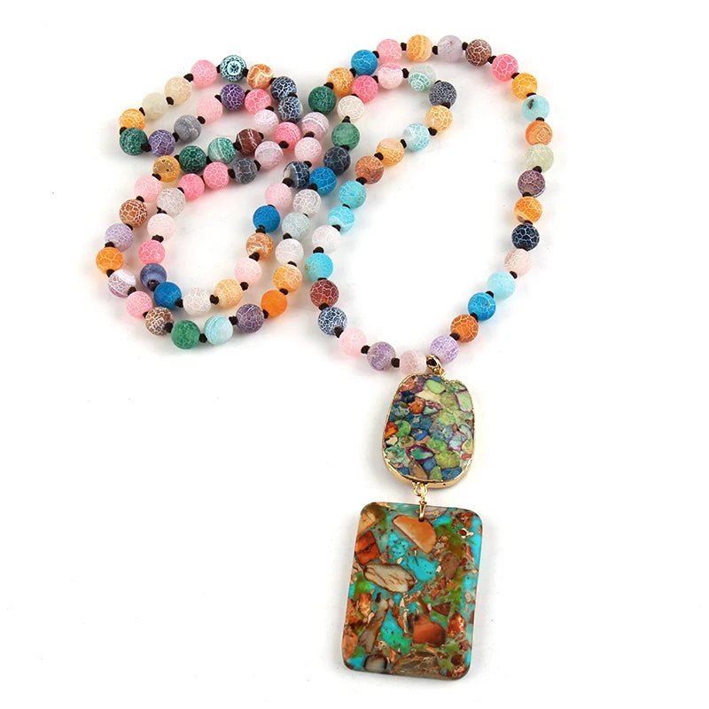 Fashion Bohemian Jewelry Gorgeous Gems Long Knotted With Semi Precious Stone Pendant Necklaces For Women Boho Necklace