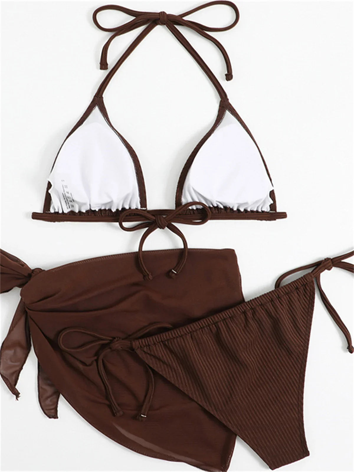 Sexy Solid Brown Bikinis Set Women Ribbed Halter Push Up Mesh Skirt Swimsuit 2024 Mujer Brazilian Bathing Suit Cover Up Swimwear
