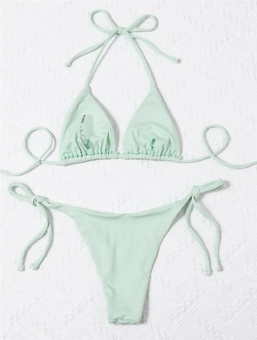 Brown Ribbed Swimwear String Halter Triangle Micro Bikini Thong Sexy Swimsuits Women Lace-up Bathing Suit Biquinis Bikinis Sets