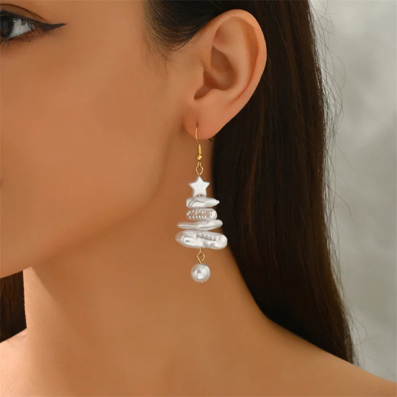 Trendy Pearl Christmas Tree Earrings Hook Dangle For Women Irregular Imitation Pearl Tassel Dangle Earring Wedding Party Jewelry