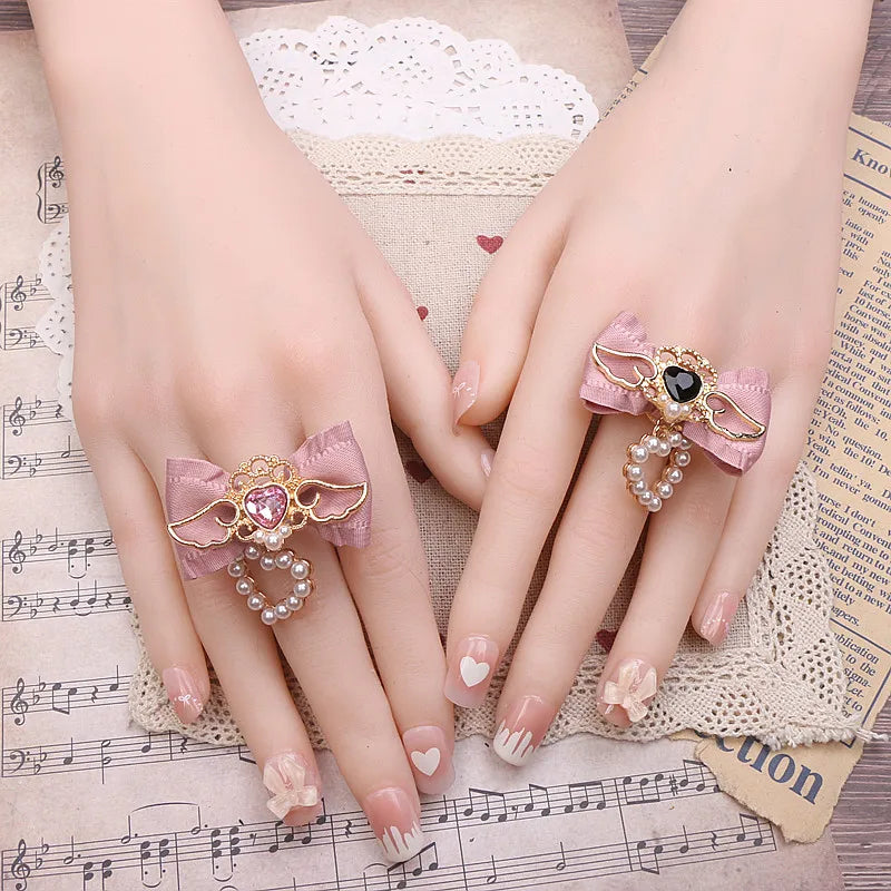 Unique Handmade Women's Rings Lolita Gothic Accessories Sweet Cute Wings Bow with Heart Pendant Jirai Ring for Y2K Girl