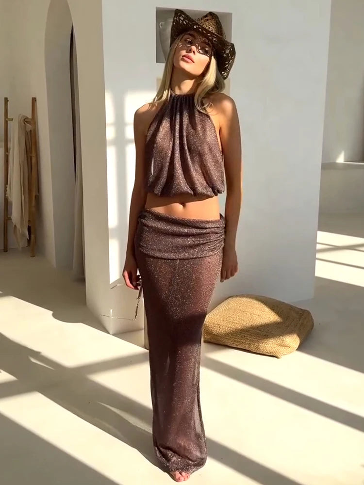 Sexy Knit Sets Backless Wrap Lace-up Top Chic Beach Half Skirt Two-piece Swimsuit Cover Up 2025 Summer Women's Party Outfit K167