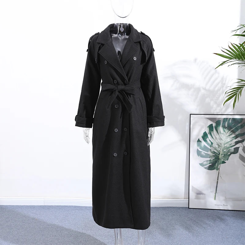 Elegant Woolen Long Coats Women Double-breasted Turn-down Collar Full Sleeves Jackets 2025 Autumn Winter Fashion Outwears Lady
