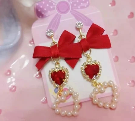 Japanese Style Lolita Sweet Bownot Rhinestone Pearl Heart Shaped Drop Earrings 925 Silver Pin Ear Clip Women Girls Earrings