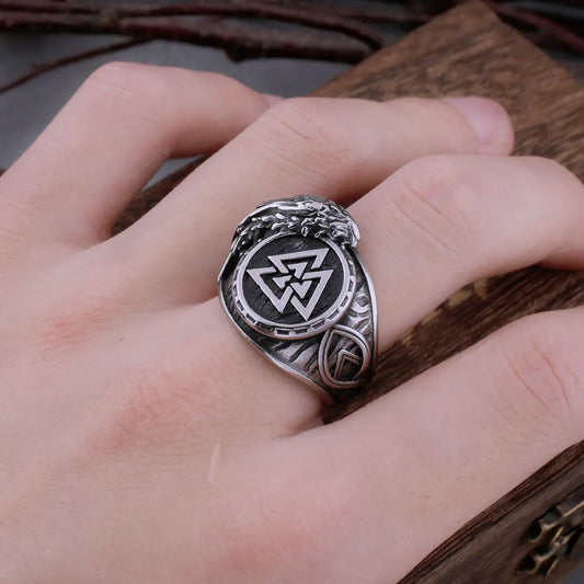316L Stainless Steel Viking Ring Raven and Norse Rune Men's Valknut Amulet Hip Hop Vintage Biker Ring Jewelry Gift Dropshipping