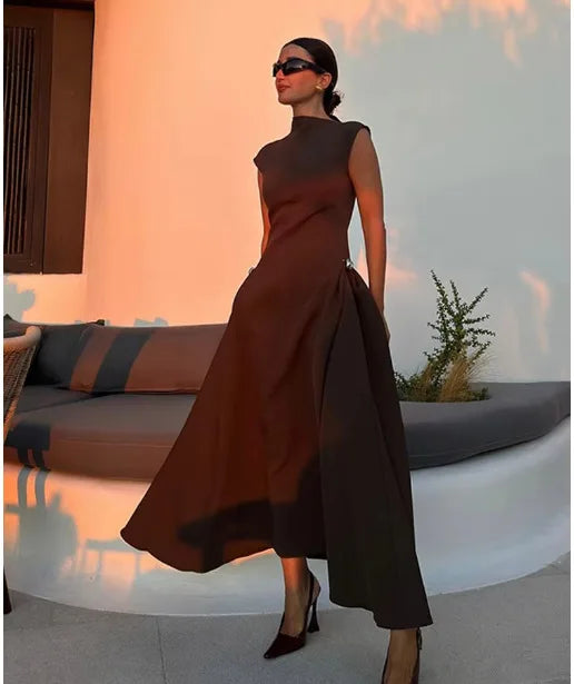 Vintage Brown Long Dress Women's Elegant Loose Diagonal Neck Black Metal Buckle Maxi Dresses Female 2025 Summer Evening Party