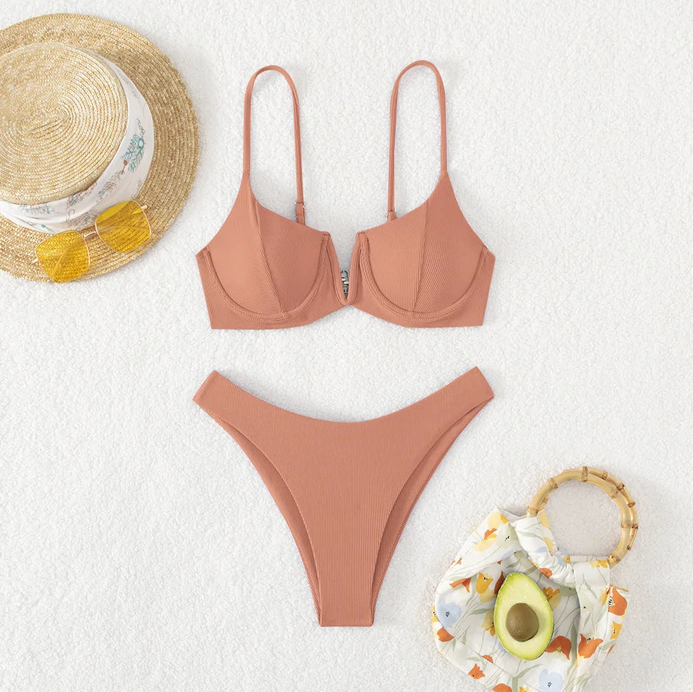 Sexy Underwired BikiniS 2024 Mujer Women Solid V-bra Push Up Two pieces Bikini Set High Cut Bathing Suit Padded Thong Swimsuit