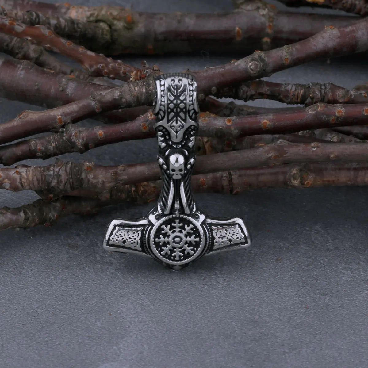 Vintage Viking Thor Mjolnir and Helm of Awe Skull Necklace Men's Charm Nordic Pendant Stainless Steel Jewelry As A Men's Gift