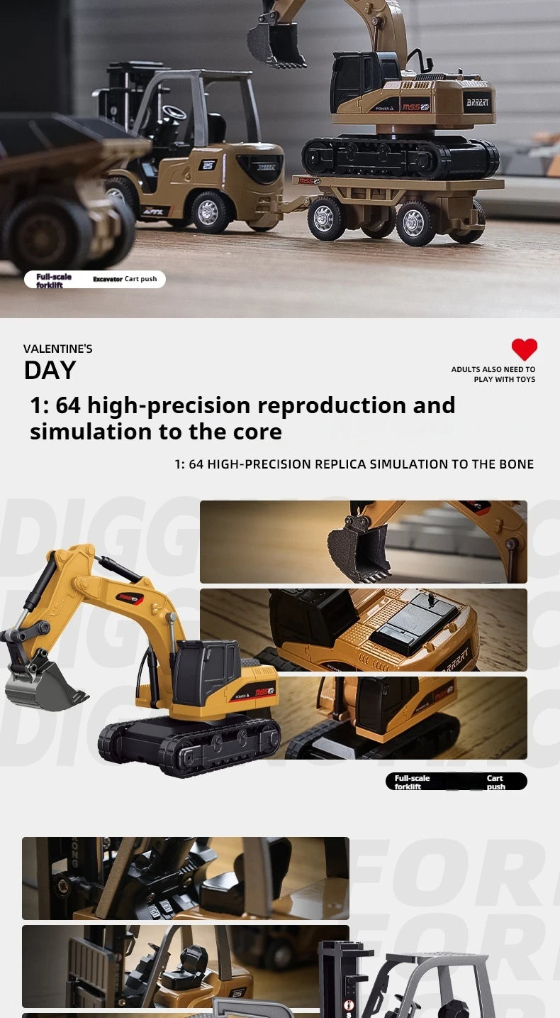 1/64 RC Car Alloy Mini RC Forklift Engineering Vehicle 2.4G Full Scale Mobile Phone RC Excavator Dumper Christmas Gift In stock