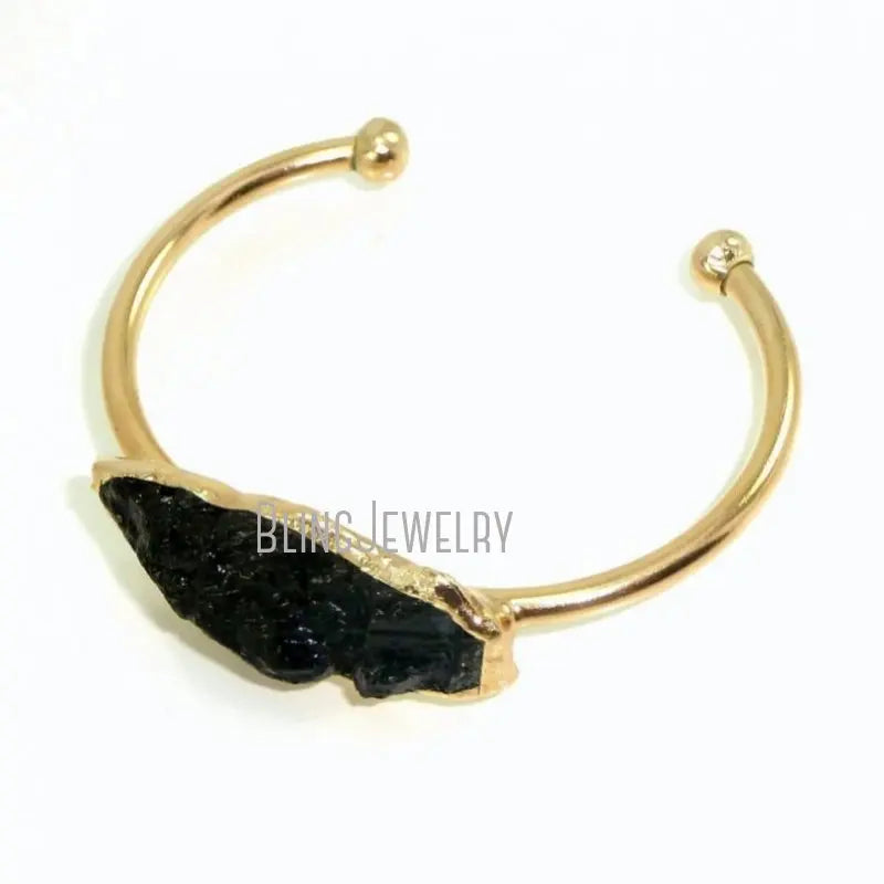 Raw Tourmaline Arm Cuff Bracelet Black Jet Stone Crystal Stainless Steel K Gold Color Bangle for Women Boho Jewelry Accessaries