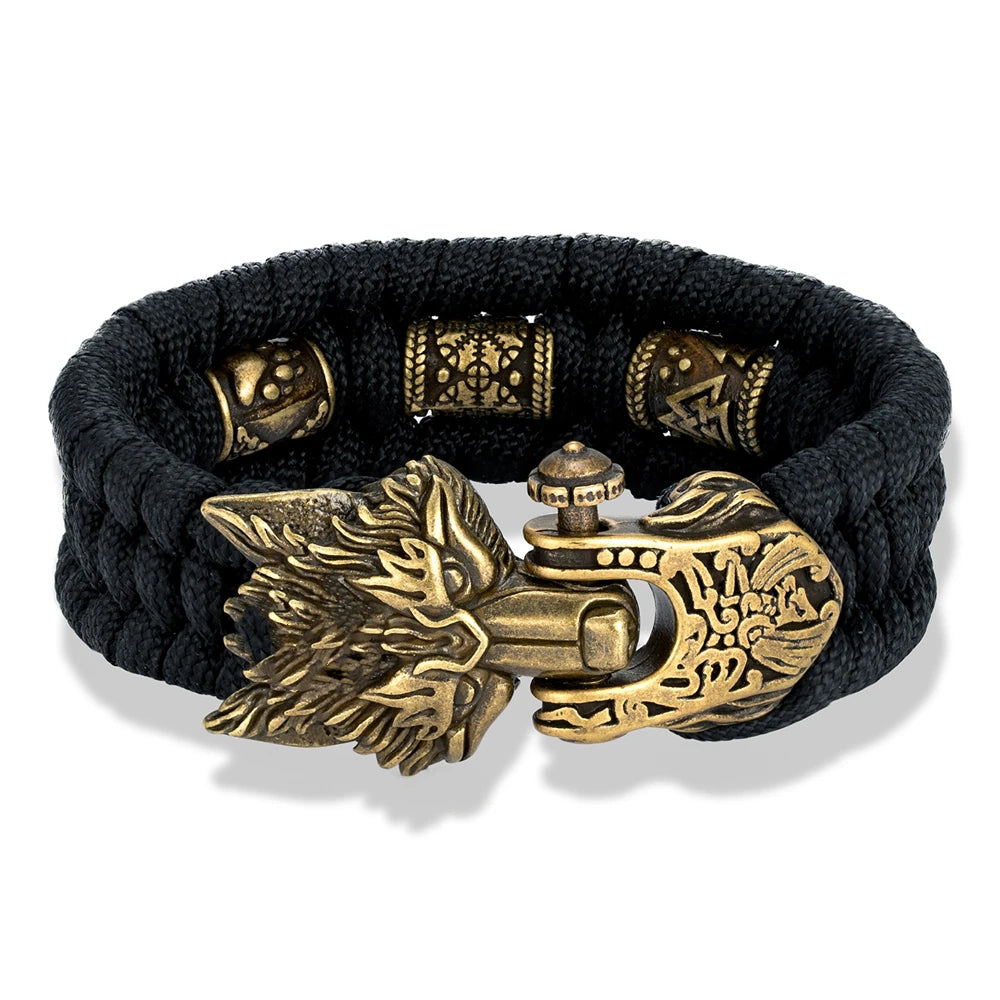 Viking Ancient Bronze Wolf Head Bracelet for Men Punk Stainless Steel Bangle Handmade Woven Rope Wristband Vintage Jewelry Gifts