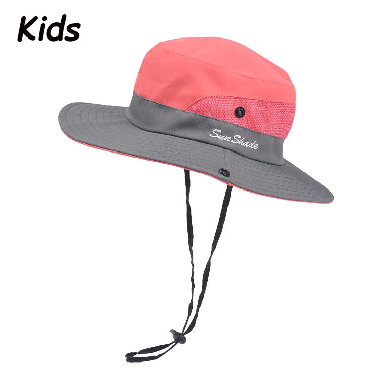 Women Summer Adjustable Bucket Hat with a Ponytail Hole Girls Sun Protection Hiking Cap Parent-child Outdoor Wide Brim Headgear