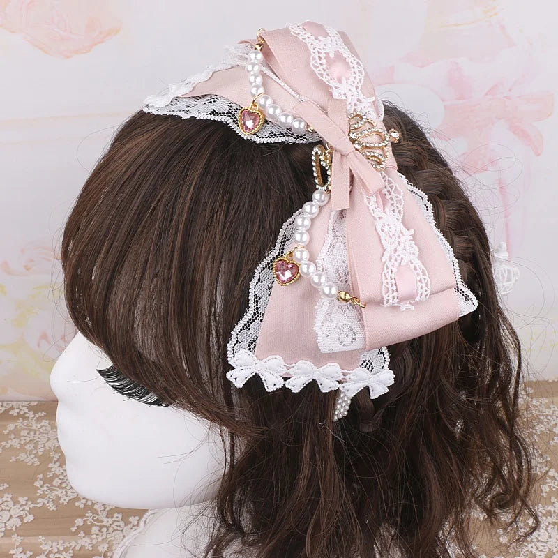 Japanese Luxury Lolita Hairband Headdress Handmade Big Bow Lace Crown Rhinestone Beaded Hair Accessories Hair Hoop for Women