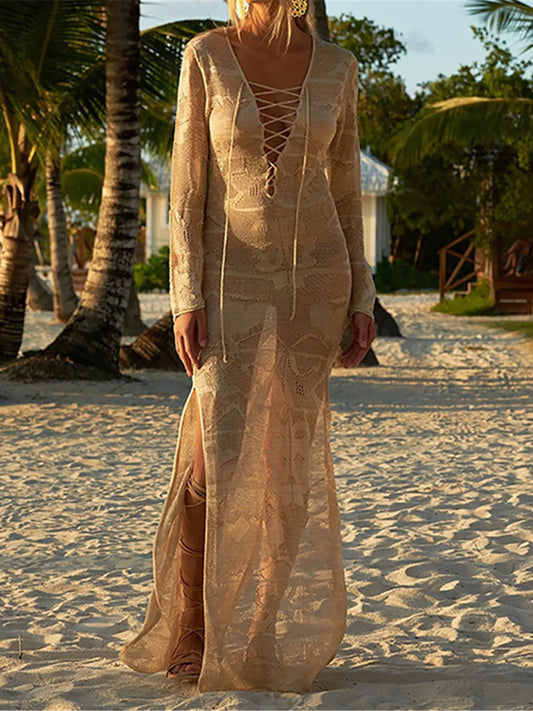 Deep V Dress Lace Up Long Sleeve Women Split Maxi Dress Crochet Knitted Tunic Mesh Sheer Sexy Bodycon Long Dress Vestido V4146B