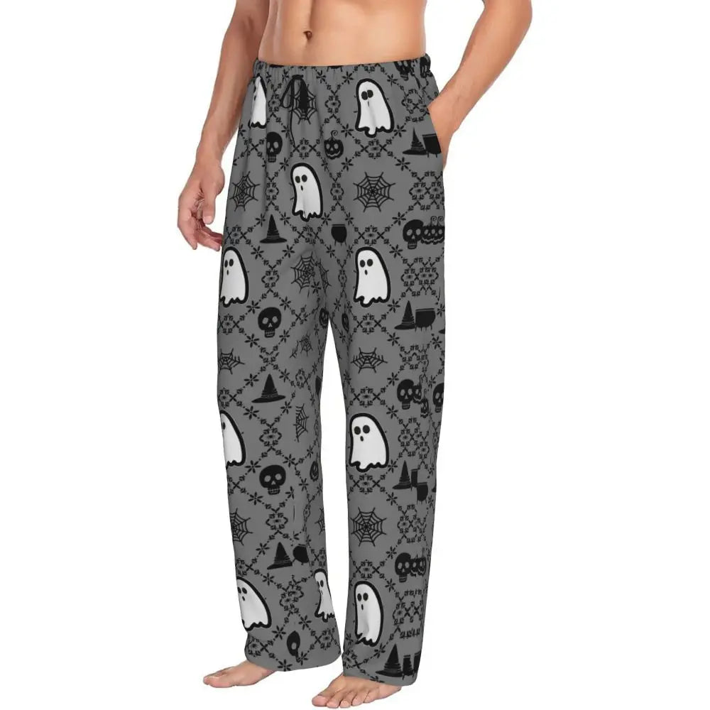 Custom Cute Spooky Halloween Bats Black And Purple Pajama Pants for Men Lounge Sleep Drawstring Sleepwear Bottoms with Pockets