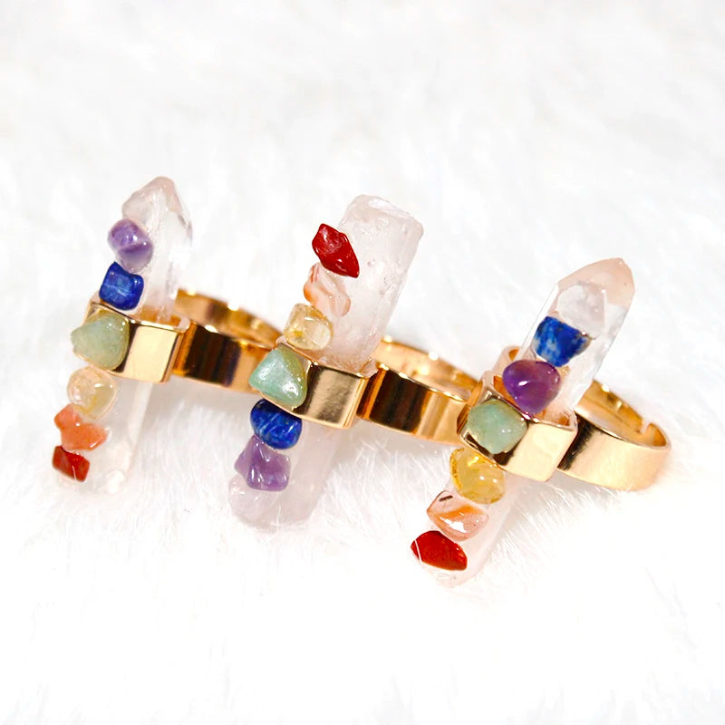 7 Chakra Stone Rings for Women Gold Color Irregular Raw Crystal Resizable Finger Jewelry Yoga Energy Balancing