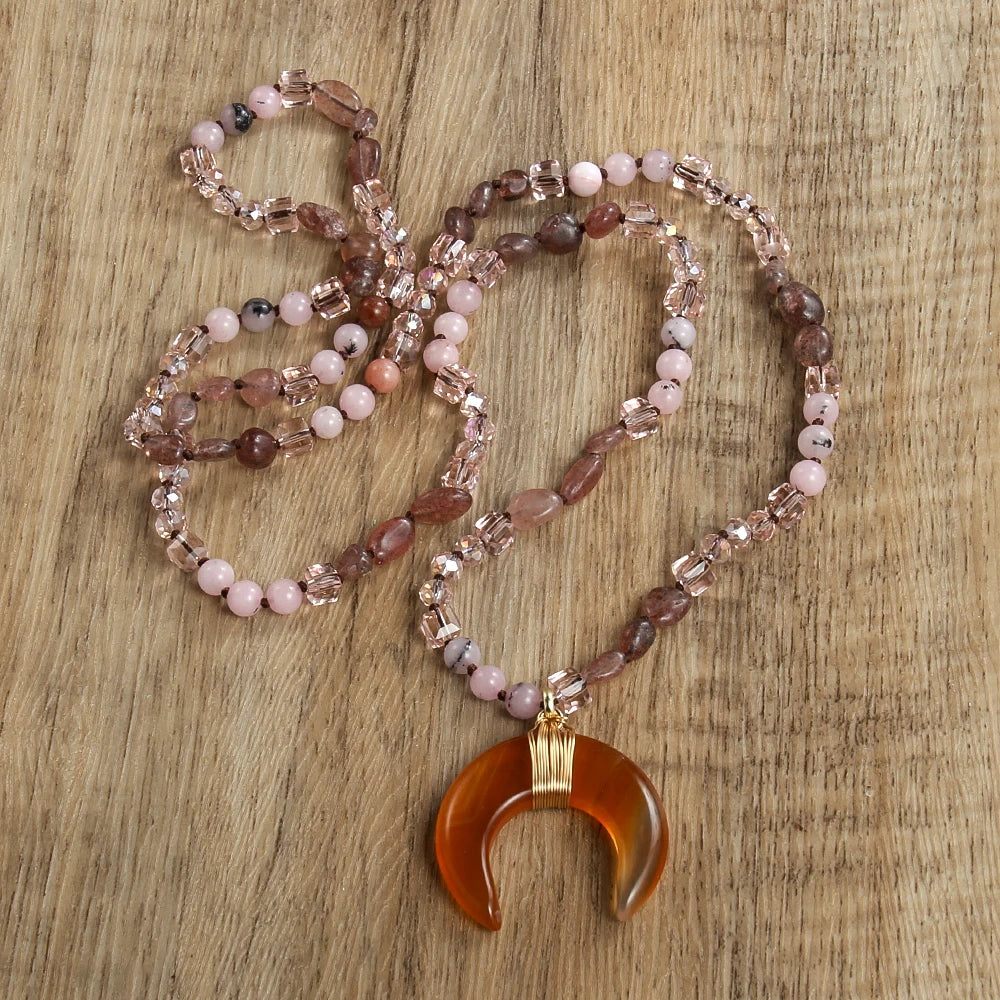 New Natural Crystal Aventurine Jade Agate Bull Horn Pendant 6mm Natural Stone Glass Knot Necklace Sweater Chain Women's Gift