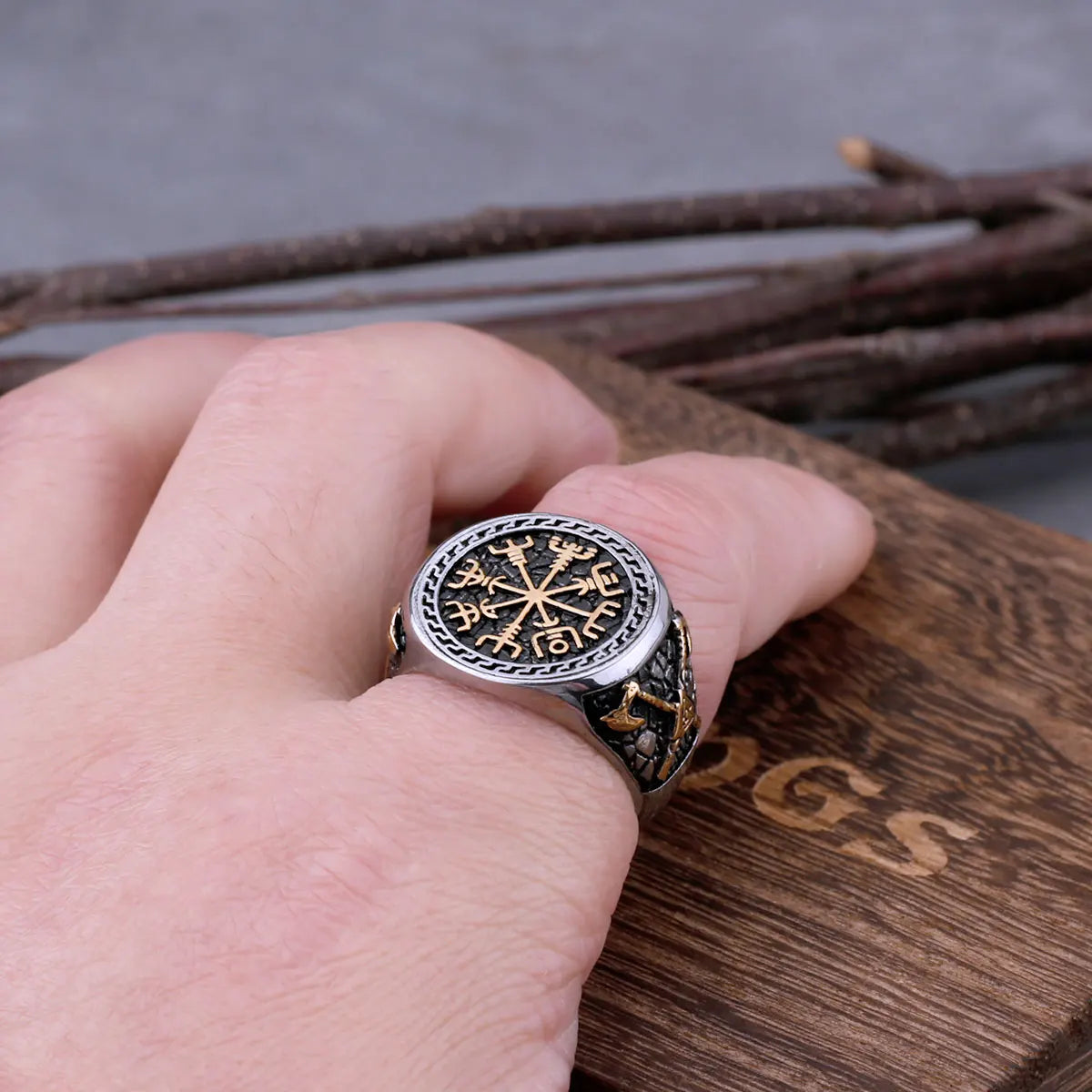 Nordic Viking Axe Vegvisir Compass Ring Men Stainless Steel Vintage Fashion Hip Hop Biker Ring Punk Awe of Helmet Amulet Jewelry