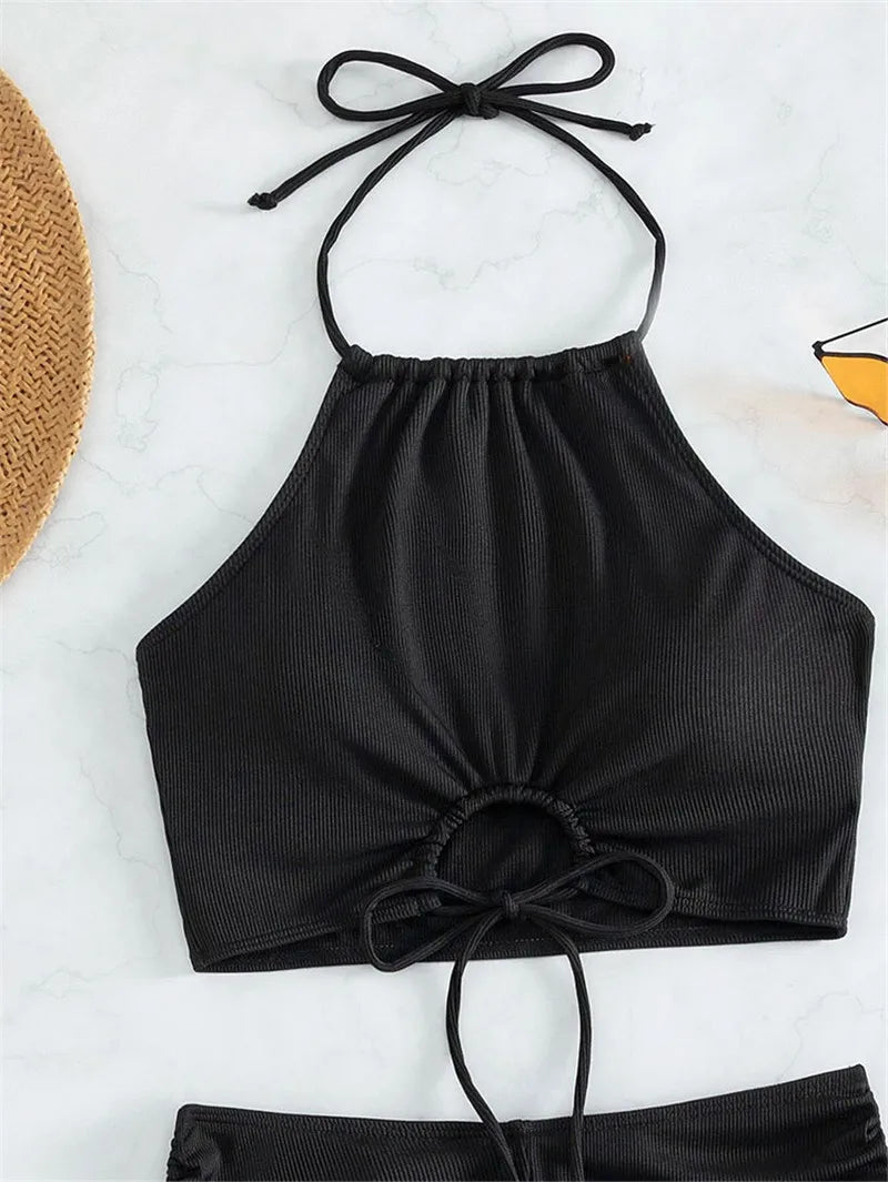 Black Drawstring Swimwear Bikinis Sets Mujer 2025 Crop Top Shorts Bottom Swimsuit Women Sexy Bathing Suit Beachwear Bikini Swim